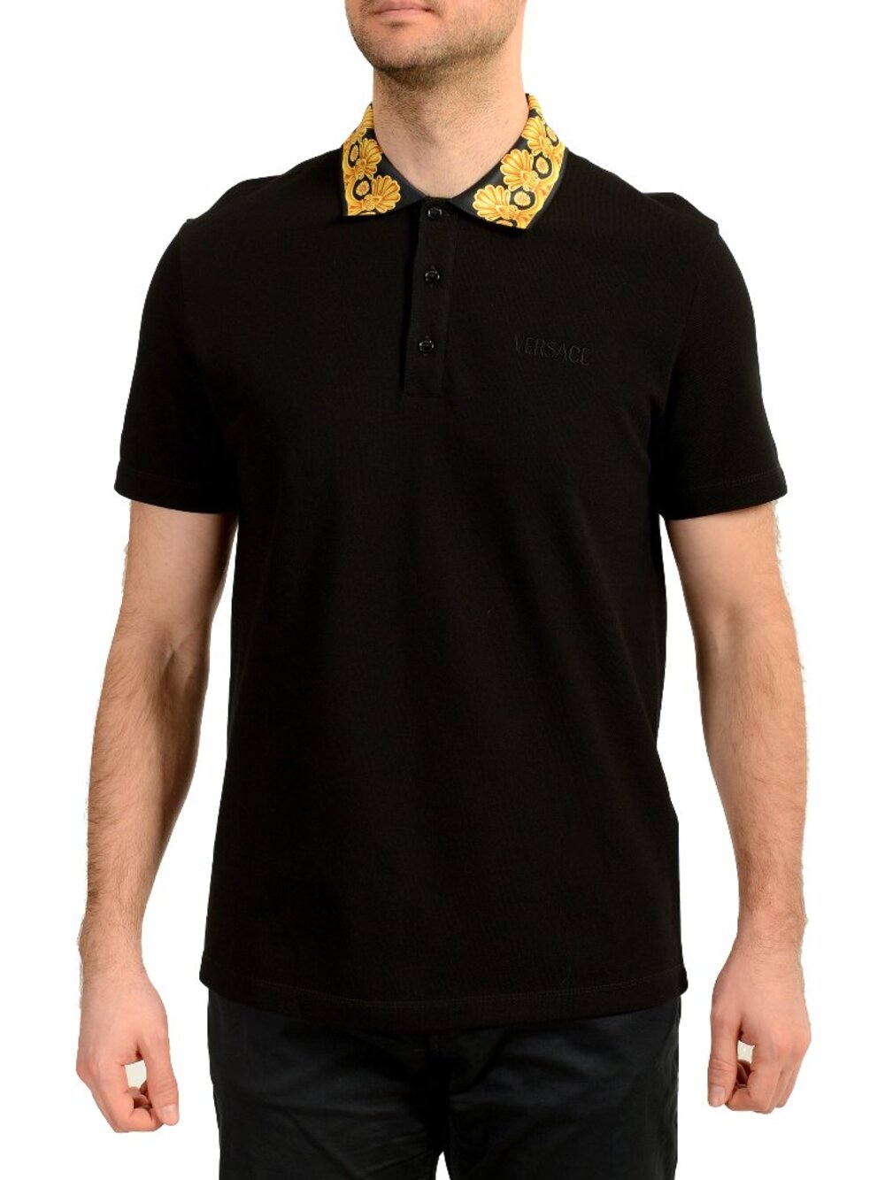 Versace Men's Black Barocco Print Short Sleeve Polo Shirt US XL IT 54